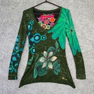 Desigual‎ Women Floral Handkerchief Hem Long Sleeve Top Size XS Artsy Retro Bold